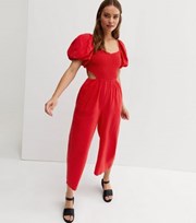 New Look Red Shirred Cut Out Side Crop Jumpsuit